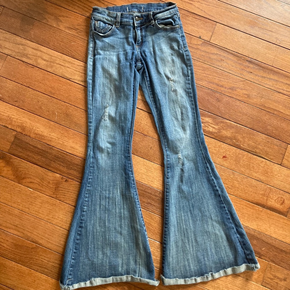 Free People Mid Rise Super Flare Distressed Jean
